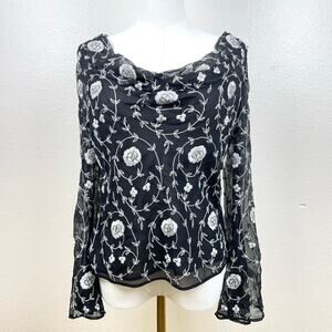 Y2K 90s Vintage Womans Top Sz M Fairy Silk Beaded Cowl Whimsigoth Flare Sleeves